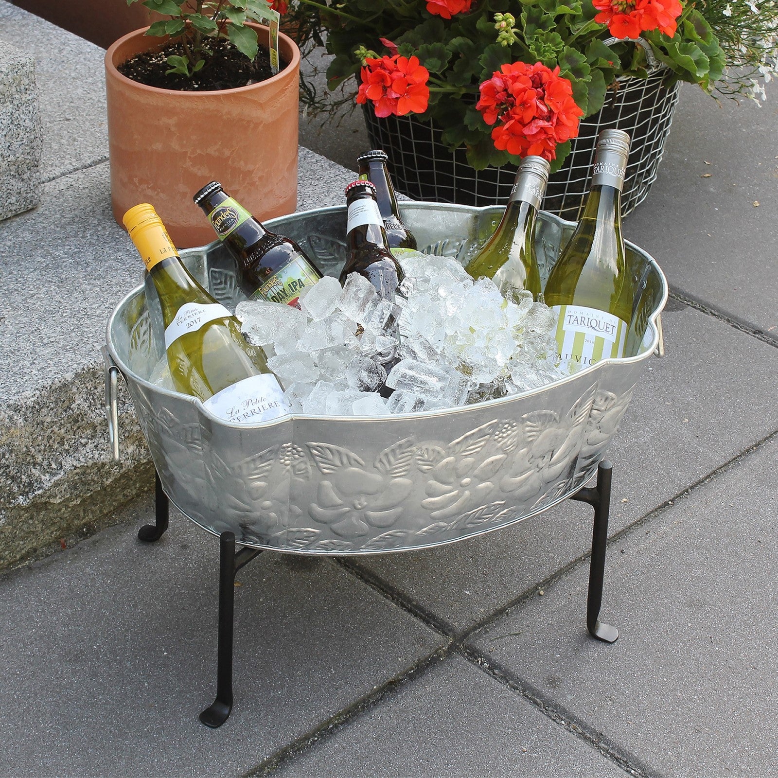 ACHLA Embossed Oval Tub with Folding Stand | Galvanized Steel and Black Wrought Iron | Patio & Garden Beverage Chiller & Planter | Model C-52-S1