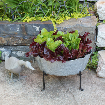 ACHLA Embossed Oval Tub with Folding Stand | Galvanized Steel and Black Wrought Iron | Patio & Garden Beverage Chiller & Planter | Model C-52-S1