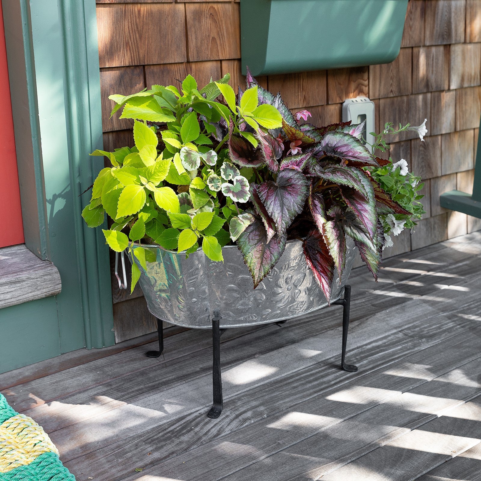 ACHLA Embossed Oval Tub with Folding Stand | Galvanized Steel and Black Wrought Iron | Patio & Garden Beverage Chiller & Planter | Model C-52-S1