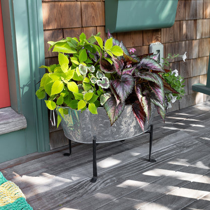 ACHLA Embossed Oval Tub with Folding Stand | Galvanized Steel and Black Wrought Iron | Patio & Garden Beverage Chiller & Planter | Model C-52-S1
