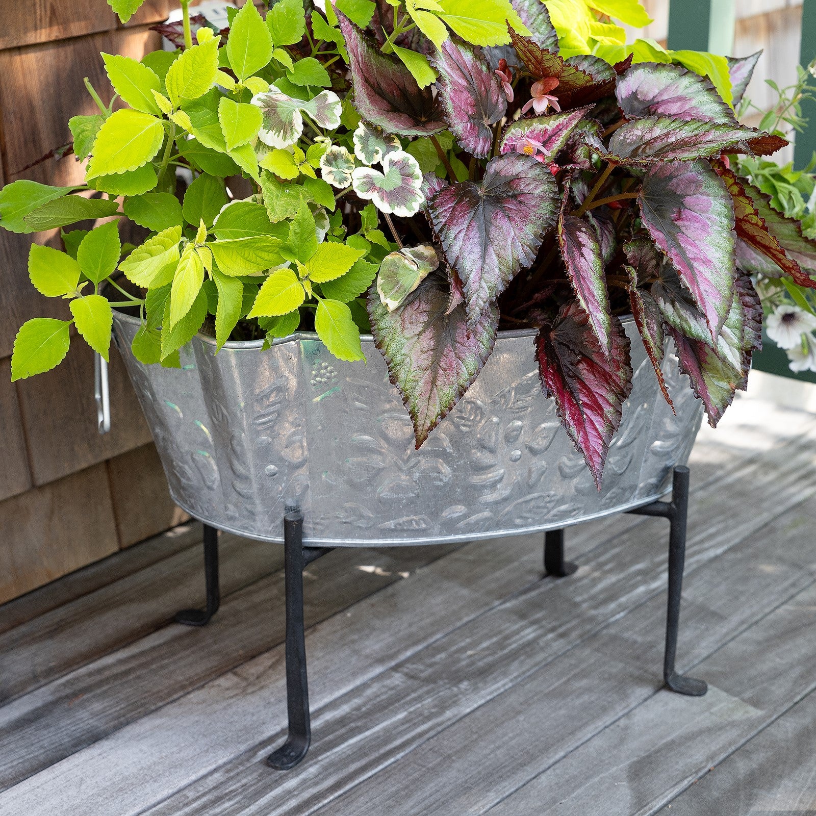 ACHLA Embossed Oval Tub with Folding Stand | Galvanized Steel and Black Wrought Iron | Patio & Garden Beverage Chiller & Planter | Model C-52-S1