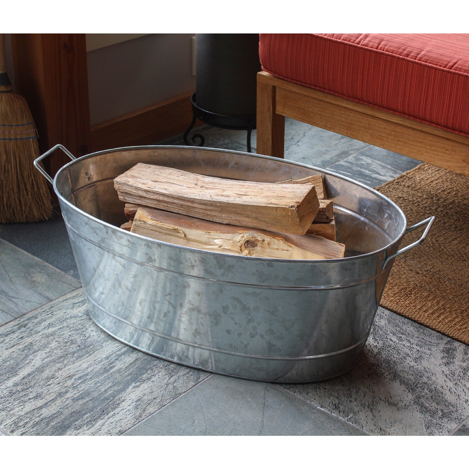 ACHLA Large Oval Galvanized Steel Tub 30.5in | Rustic Farmhouse Log Rack & Planter | Entryway, Porch & Outdoor Use | 30.5 x 15 x 9.5 in | Model C-55