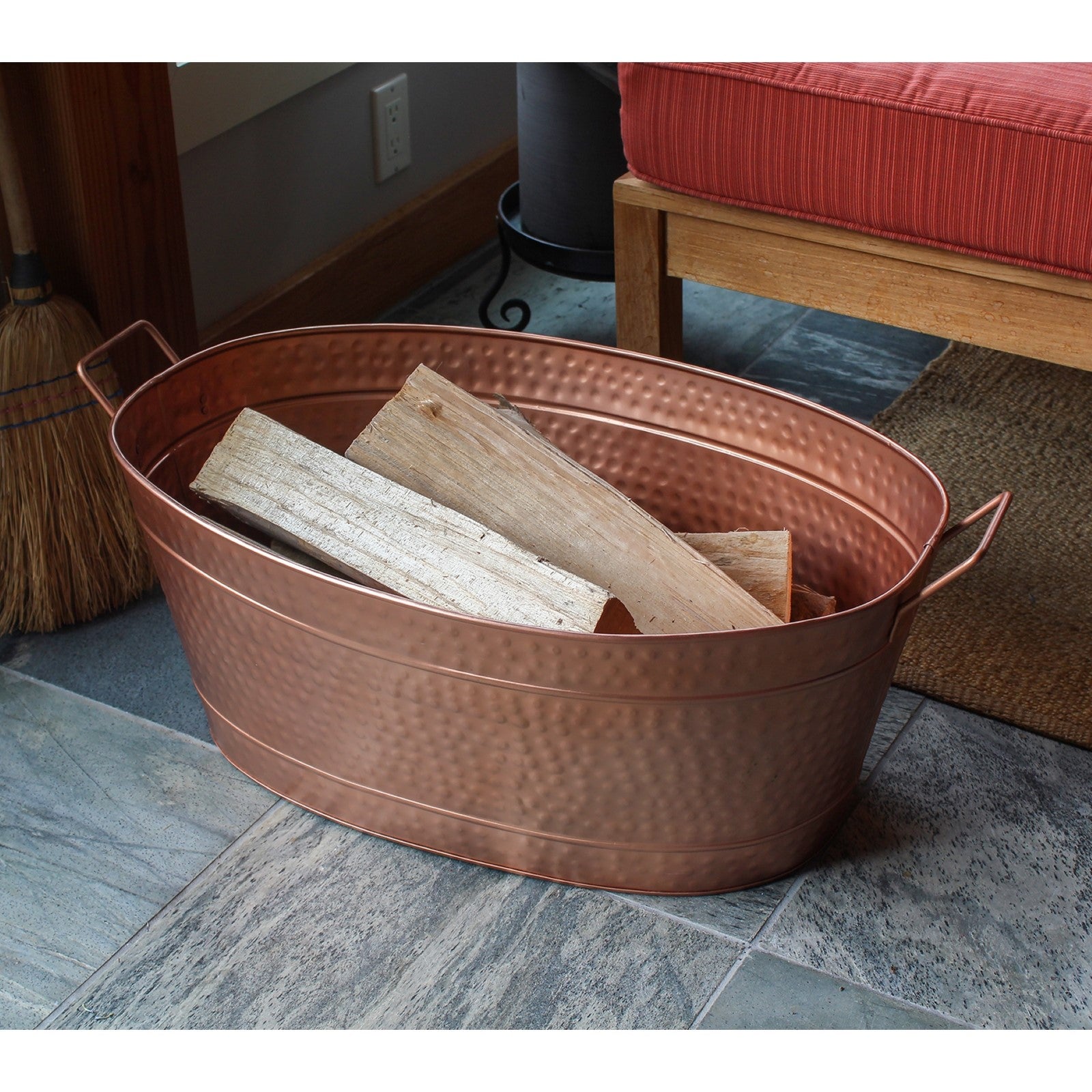 ACHLA Large Oval Steel Tub | Copper Plated Finish | Log Rack & Firewood Carrier for Indoor & Outdoor Use | 30.5 x 15 x 9.5 in | Model C-55C