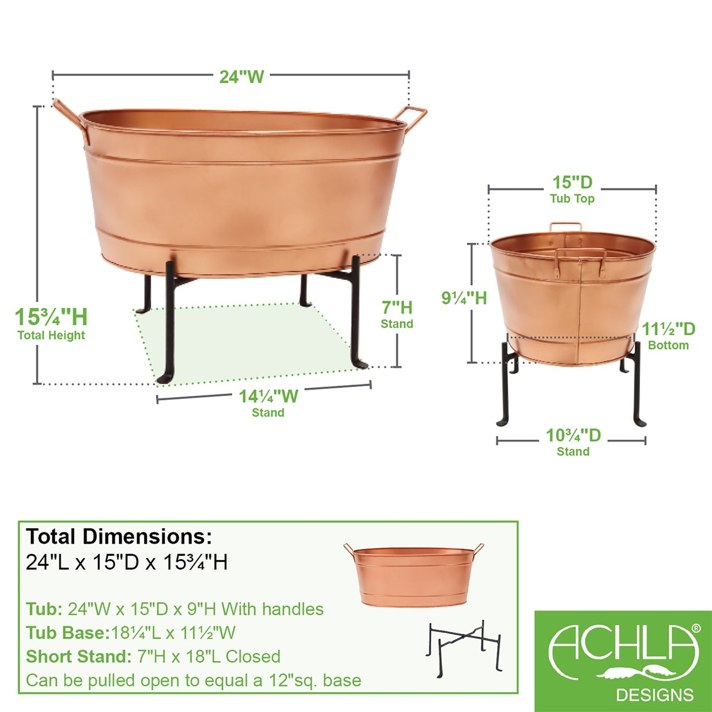 ACHLA Oval Tub with Folding Stand | Copper Plated Galvanized Steel and Black Wrought Iron | Patio & Garden Party Beverage Chiller | Model C-81C-S1