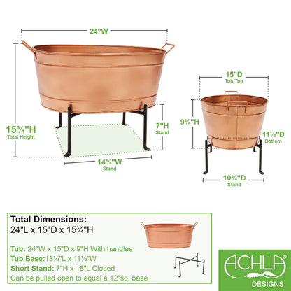 ACHLA Oval Tub with Folding Stand | Copper Plated Galvanized Steel and Black Wrought Iron | Patio & Garden Party Beverage Chiller | Model C-81C-S1