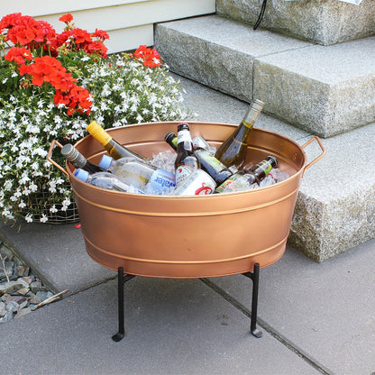 ACHLA Oval Tub with Folding Stand | Copper Plated Galvanized Steel and Black Wrought Iron | Patio & Garden Party Beverage Chiller | Model C-81C-S1