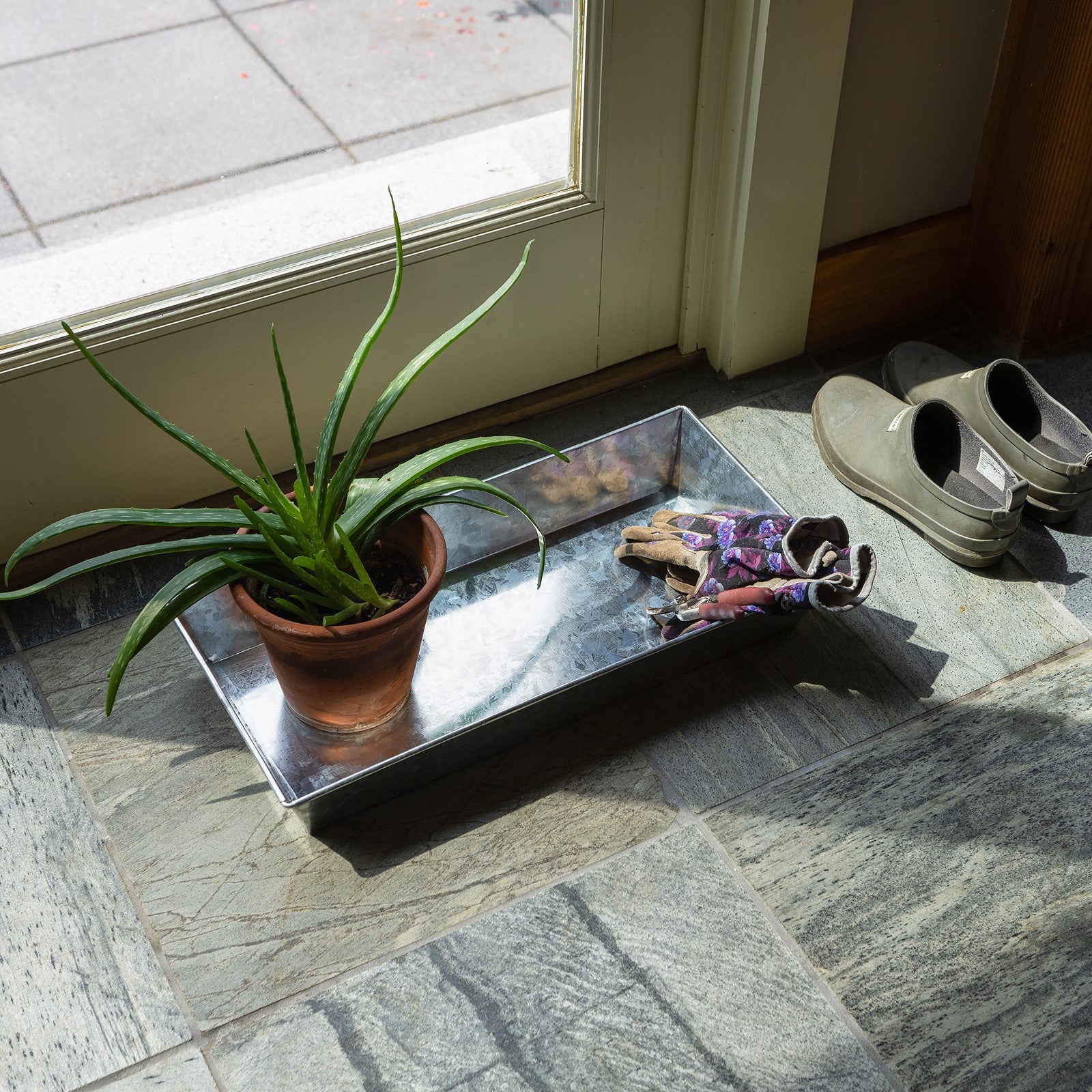 ACHLA Antiqued Tray Small | Galvanized Steel Serving Tray | Plant Grouping & Table Protection | 19.75 x 9.5 x 3 in | Model C-90