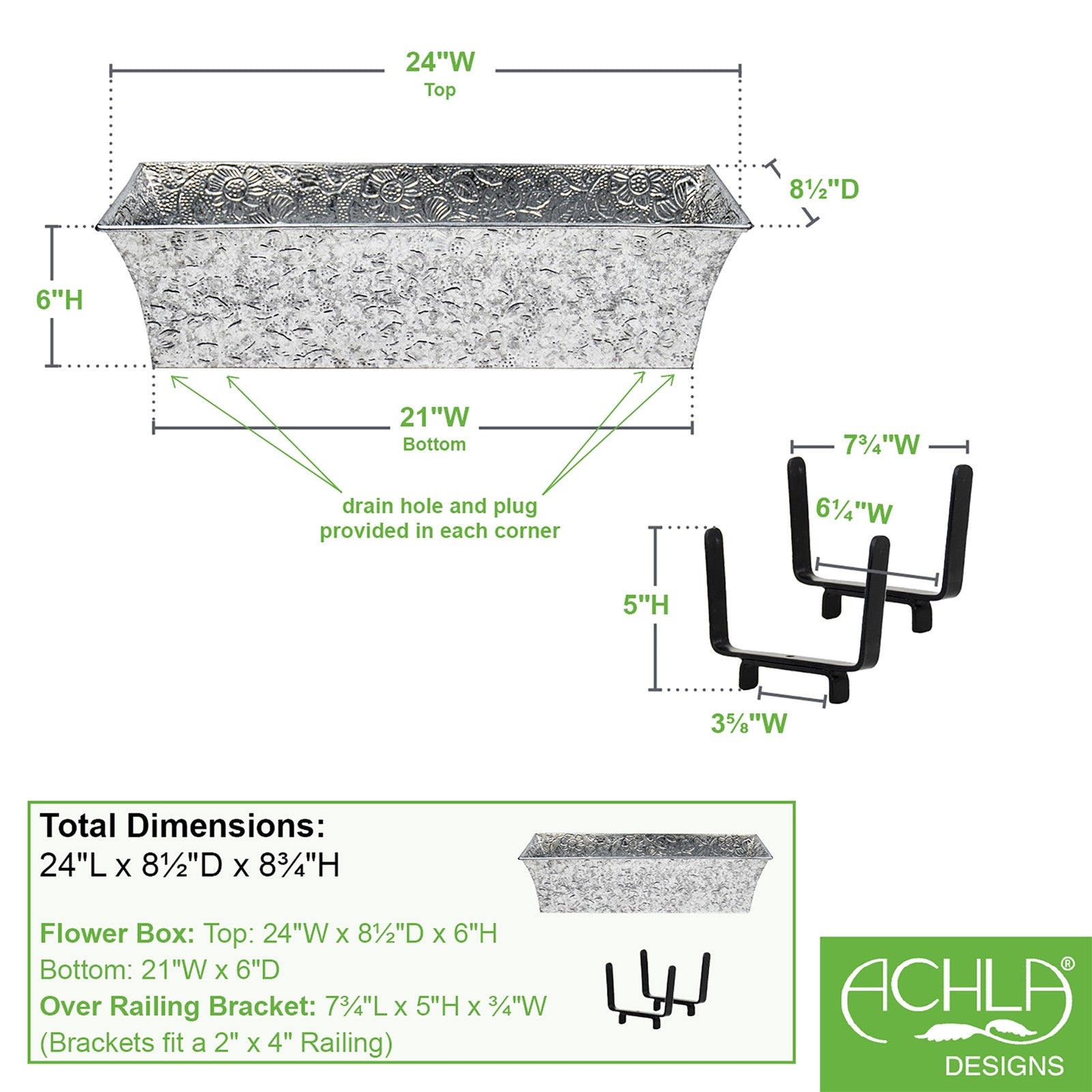 ACHLA Deck Bracket Kit | Verdigris Galvanized Tin and Iron | Outdoor Planter Mount for 2x4 Railing | 24 x 8 x 6 in | Model C04-K4