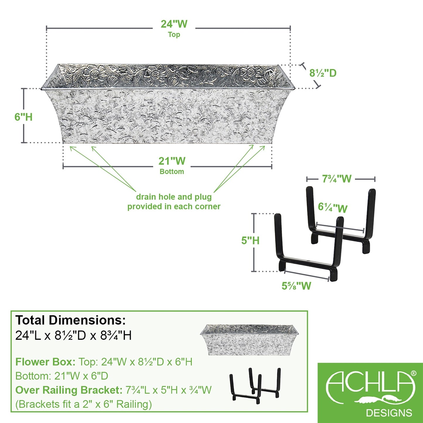 ACHLA Deck Bracket Kit II | Verdigris Iron & Tin Planter Box | Deck Railing & Balcony Flower Box | 24 x 8 x 6 in | Model C04-K6