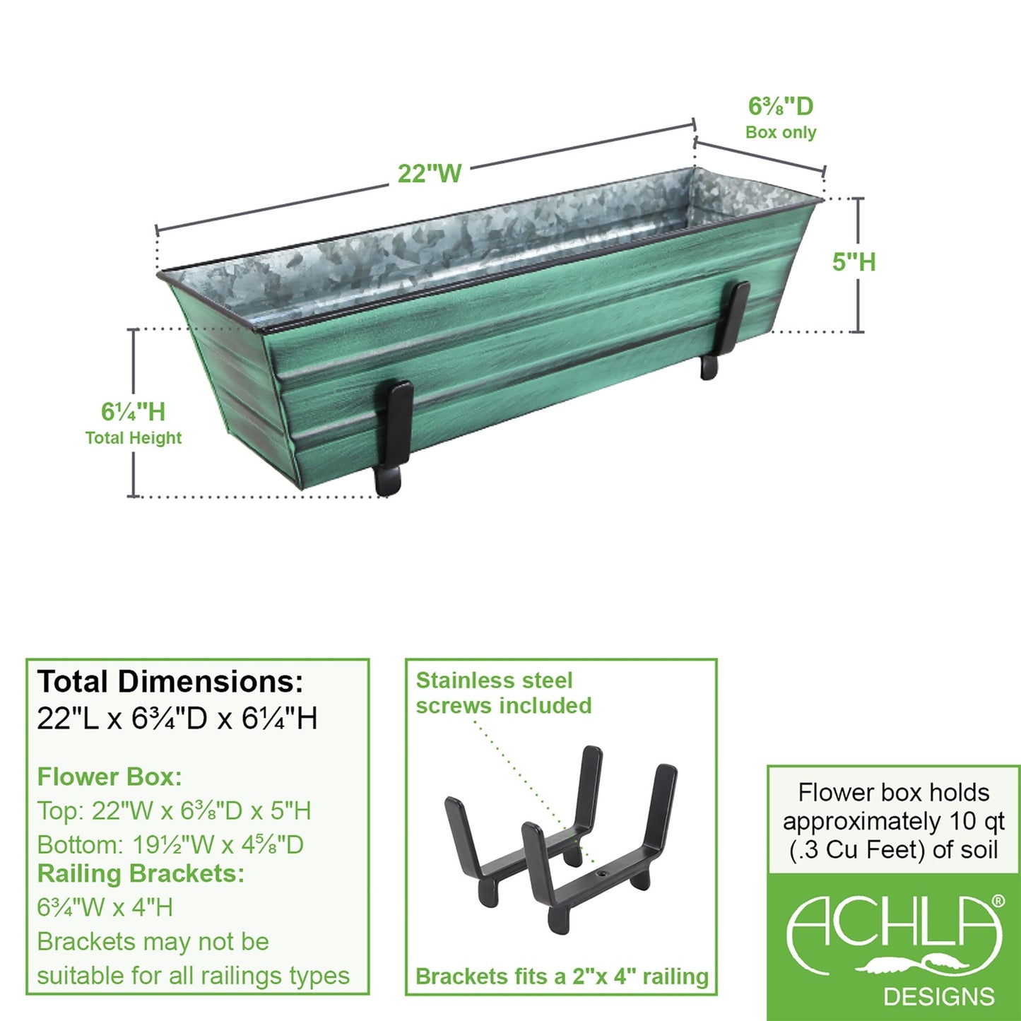 ACHLA Small Flower Box with Brackets for 2x4 Railings | Green Patina Galvanized Steel and Black Wrought Iron | Front Porch & Balcony | Model C08-K4