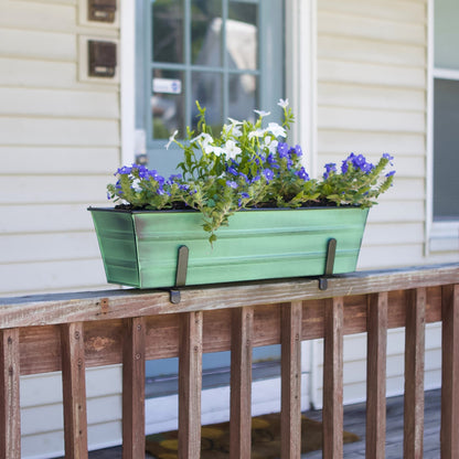 ACHLA Small Flower Box with Brackets for 2x4 Railings | Green Patina Galvanized Steel and Black Wrought Iron | Front Porch & Balcony | Model C08-K4