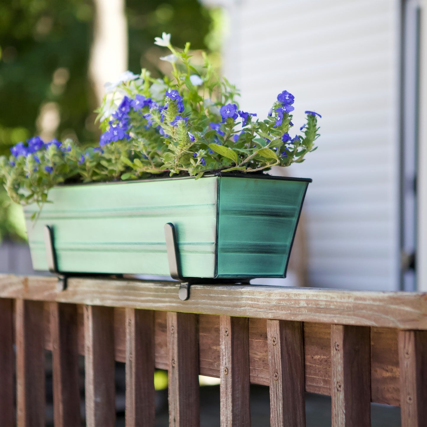 ACHLA Small Flower Box with Brackets for 2x4 Railings | Green Patina Galvanized Steel and Black Wrought Iron | Front Porch & Balcony | Model C08-K4