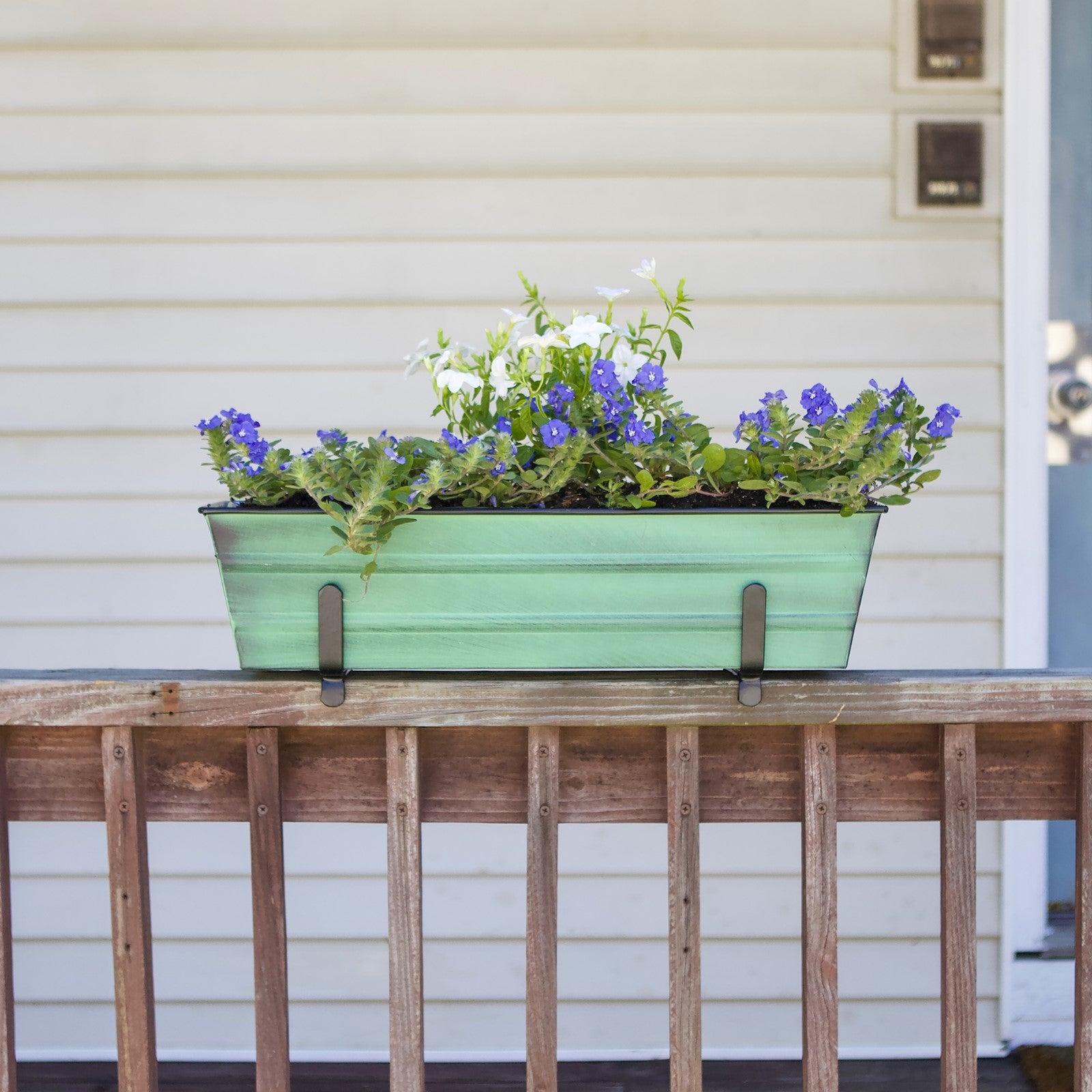 ACHLA Small Flower Box with Brackets for 2x4 Railings | Green Patina Galvanized Steel and Black Wrought Iron | Front Porch & Balcony | Model C08-K4