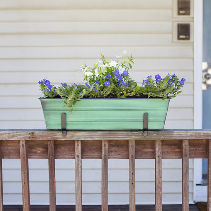 ACHLA Small Flower Box with Brackets for 2x4 Railings | Green Patina Galvanized Steel and Black Wrought Iron | Front Porch & Balcony | Model C08-K4