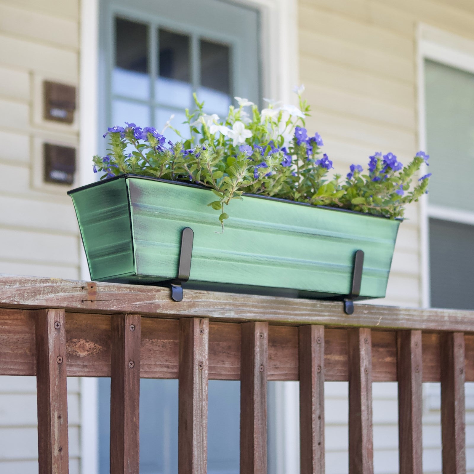 ACHLA Small Flower Box with Brackets for 2x4 Railings | Green Patina Galvanized Steel and Black Wrought Iron | Front Porch & Balcony | Model C08-K4