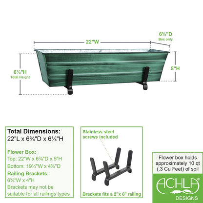 ACHLA Small Flower Box with Brackets for 2x6 Railings | Green Patina Galvanized Steel and Black Wrought Iron | Porch & Deck Railing | Model C08-K6
