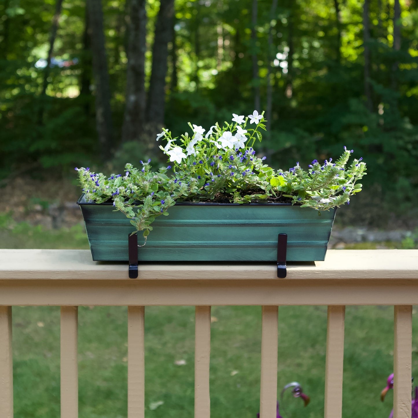 ACHLA Small Flower Box with Brackets for 2x6 Railings | Green Patina Galvanized Steel and Black Wrought Iron | Porch & Deck Railing | Model C08-K6