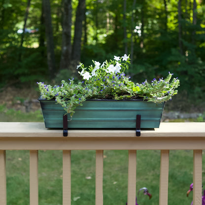 ACHLA Small Flower Box with Brackets for 2x6 Railings | Green Patina Galvanized Steel and Black Wrought Iron | Porch & Deck Railing | Model C08-K6
