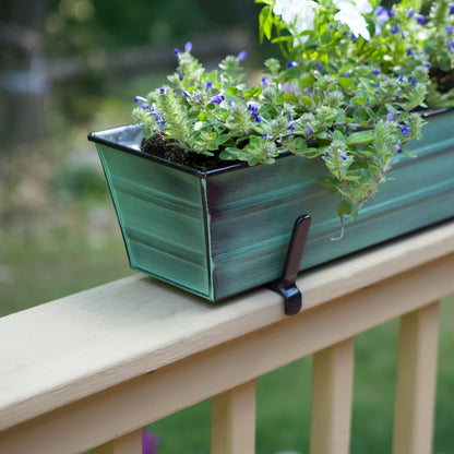 ACHLA Small Flower Box with Brackets for 2x6 Railings | Green Patina Galvanized Steel and Black Wrought Iron | Porch & Deck Railing | Model C08-K6