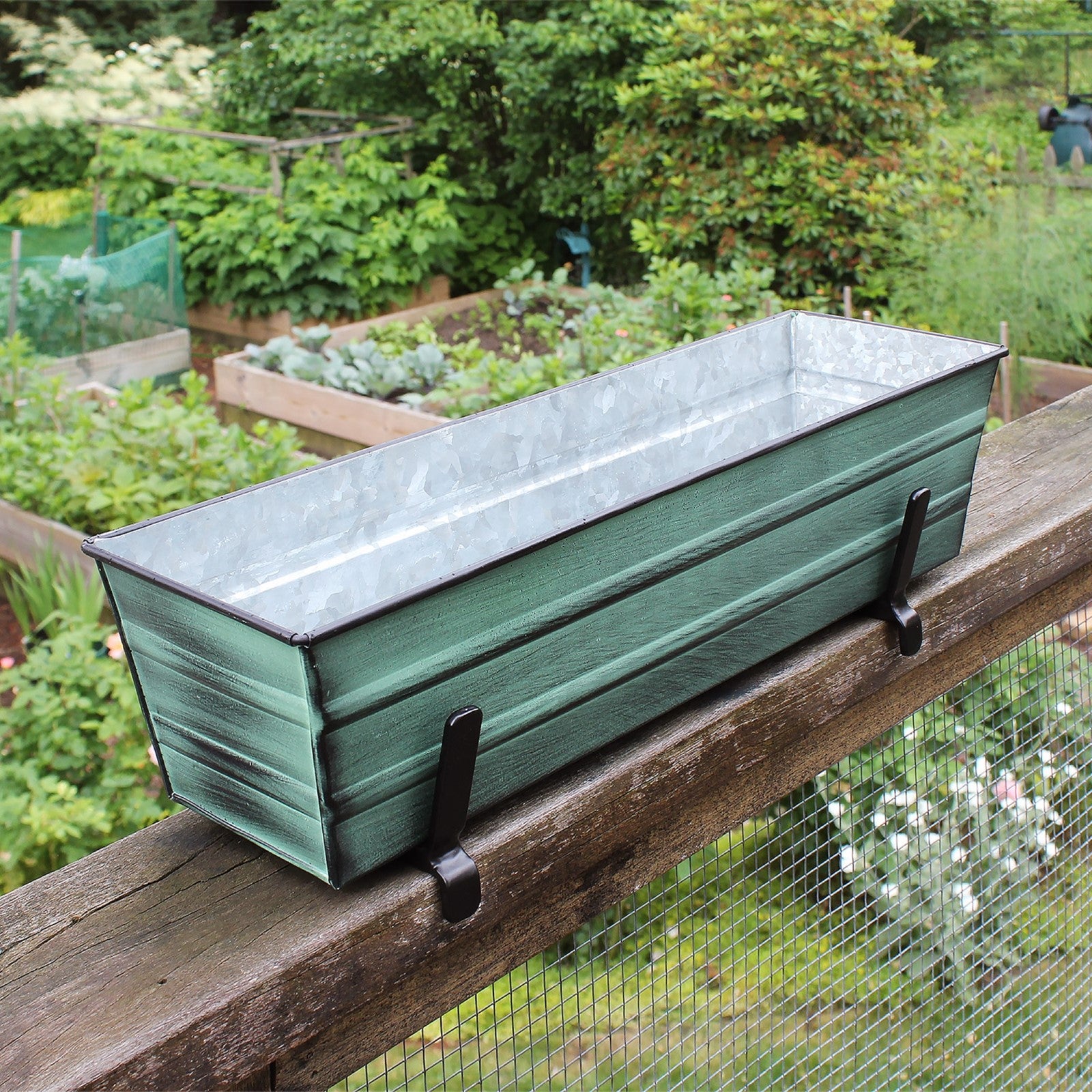 ACHLA Small Flower Box with Brackets for 2x6 Railings | Green Patina Galvanized Steel and Black Wrought Iron | Porch & Deck Railing | Model C08-K6