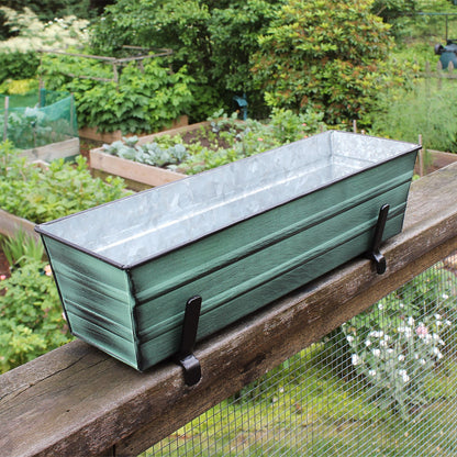 ACHLA Small Flower Box with Brackets for 2x6 Railings | Green Patina Galvanized Steel and Black Wrought Iron | Porch & Deck Railing | Model C08-K6