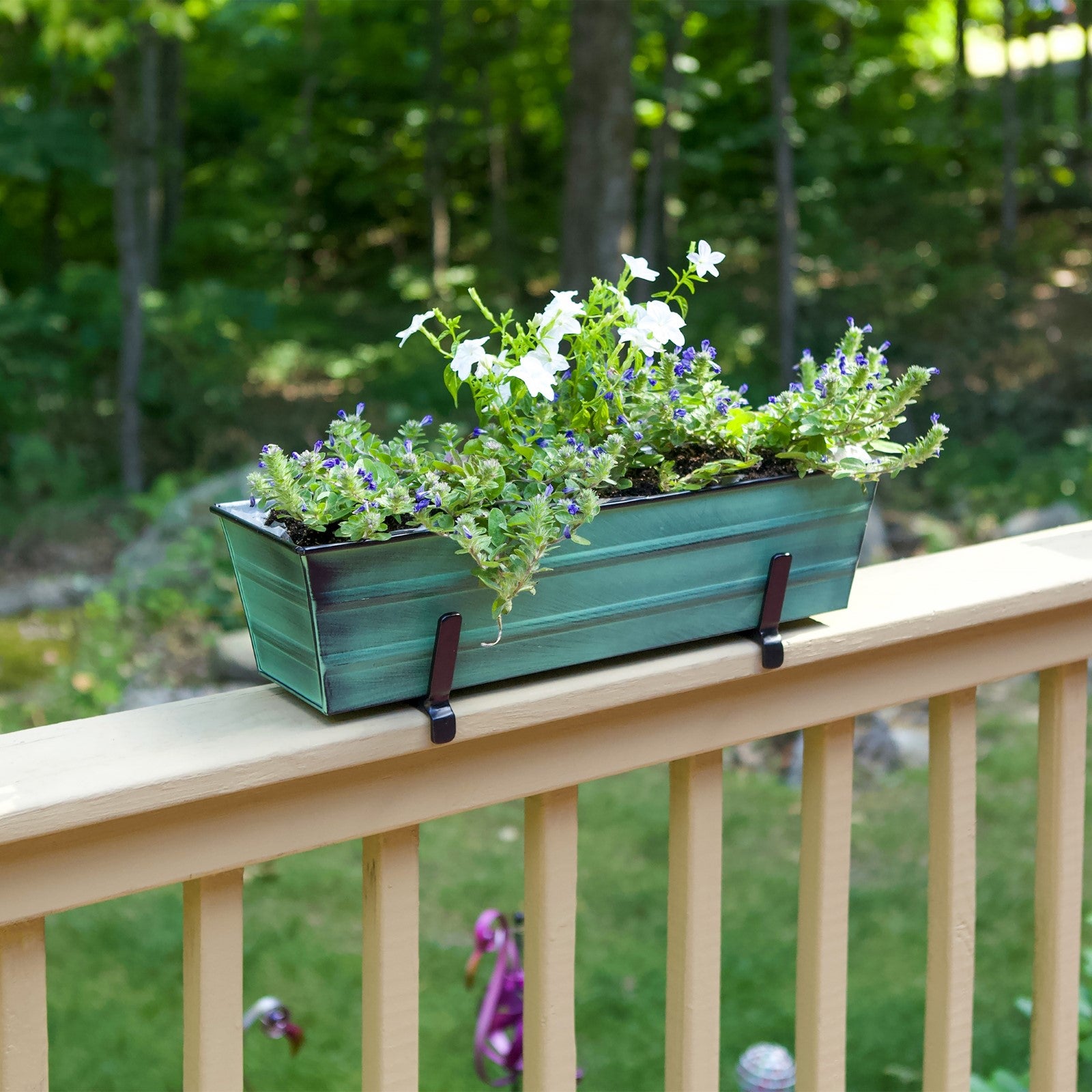 ACHLA Small Flower Box with Brackets for 2x6 Railings | Green Patina Galvanized Steel and Black Wrought Iron | Porch & Deck Railing | Model C08-K6