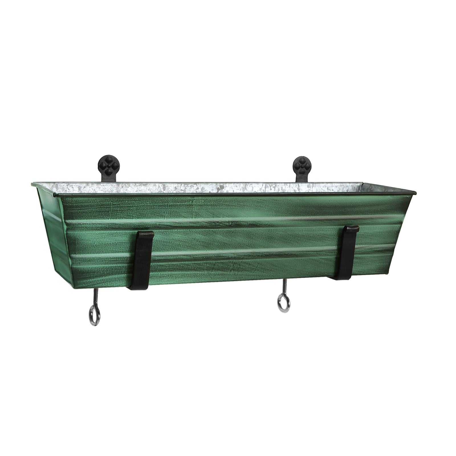 ACHLA Small Flower Box with Clamp-On Brackets | Green Patina Galvanized Steel and Black Wrought Iron | Porch & Balcony Container Garden | Model C08-RM