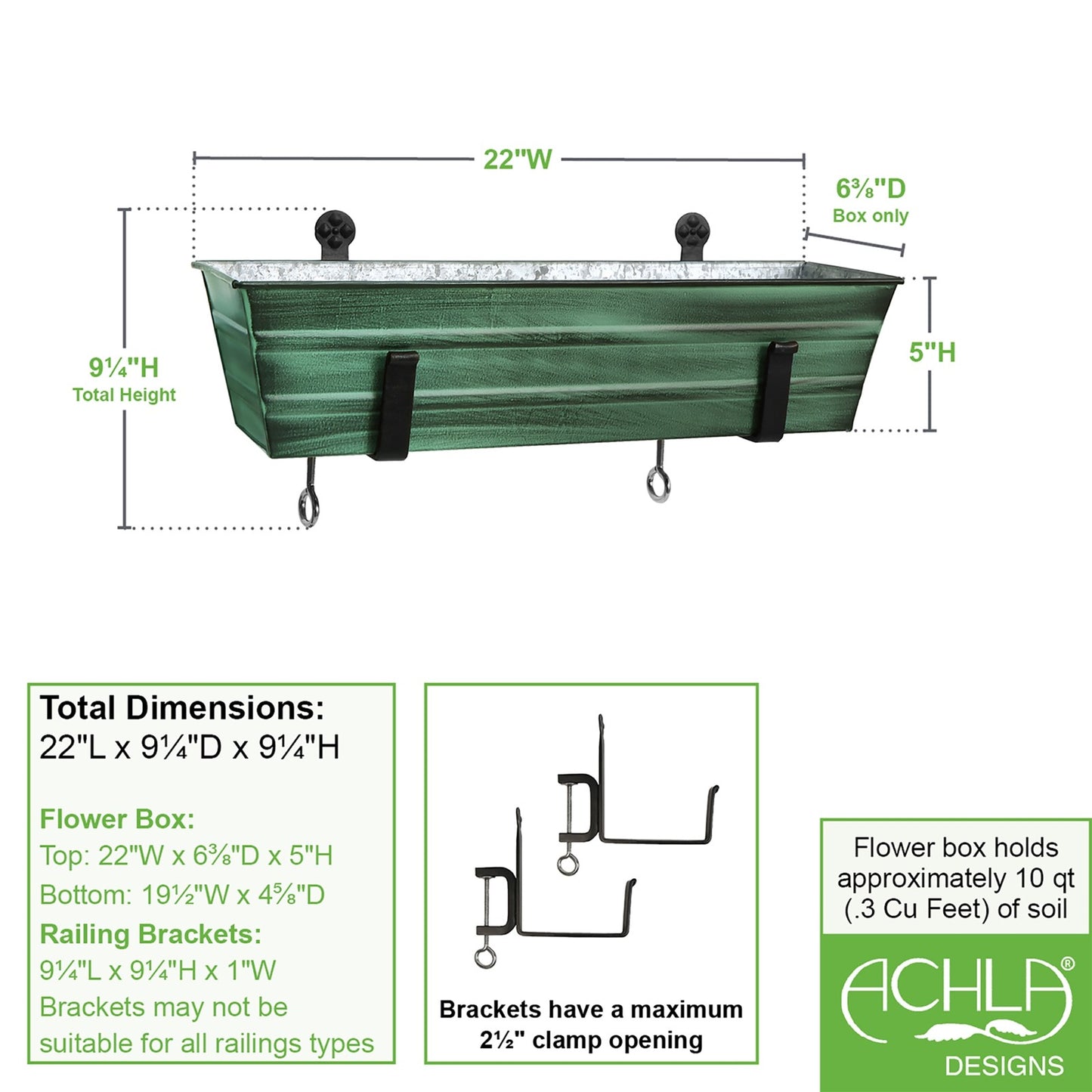 ACHLA Small Flower Box with Clamp-On Brackets | Green Patina Galvanized Steel and Black Wrought Iron | Porch & Balcony Container Garden | Model C08-RM