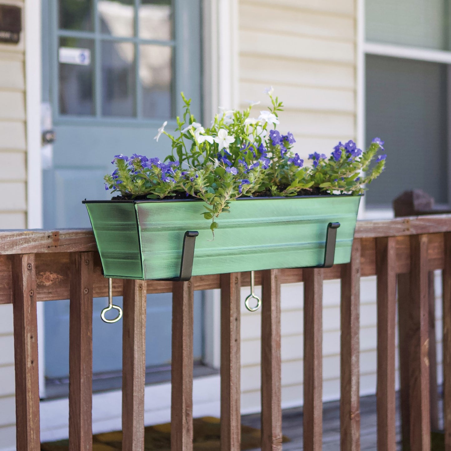 ACHLA Small Flower Box with Clamp-On Brackets | Green Patina Galvanized Steel and Black Wrought Iron | Porch & Balcony Container Garden | Model C08-RM