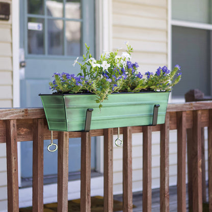 ACHLA Small Flower Box with Clamp-On Brackets | Green Patina Galvanized Steel and Black Wrought Iron | Porch & Balcony Container Garden | Model C08-RM