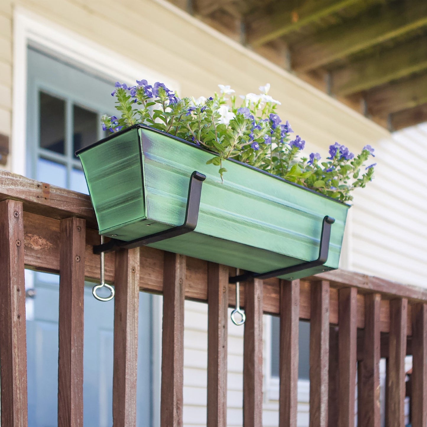 ACHLA Small Flower Box with Clamp-On Brackets | Green Patina Galvanized Steel and Black Wrought Iron | Porch & Balcony Container Garden | Model C08-RM