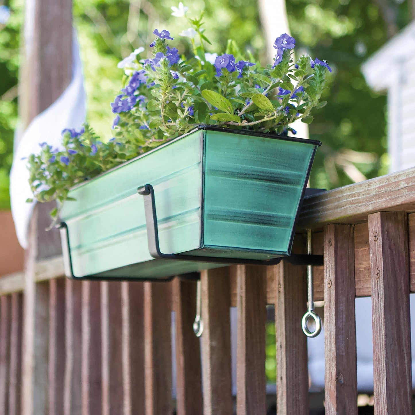 ACHLA Small Flower Box with Clamp-On Brackets | Green Patina Galvanized Steel and Black Wrought Iron | Porch & Balcony Container Garden | Model C08-RM