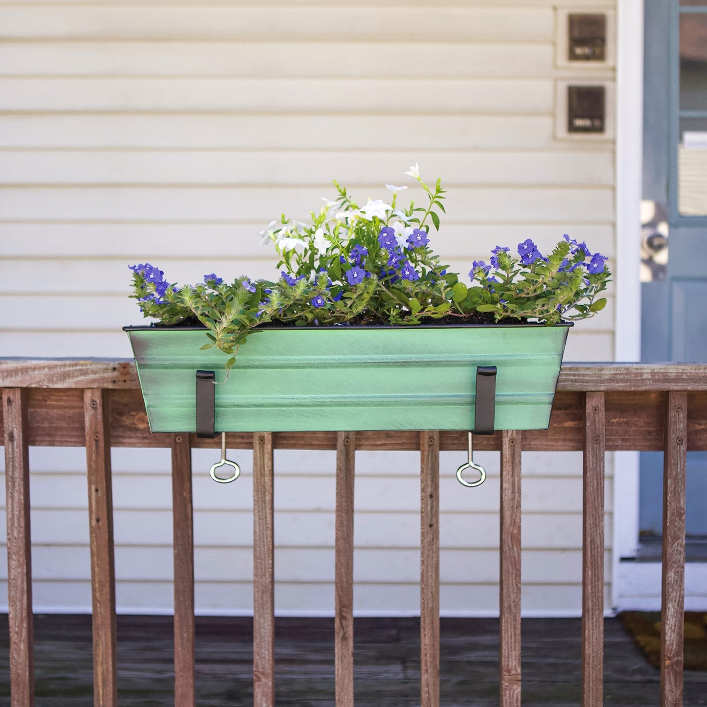 ACHLA Small Flower Box with Clamp-On Brackets | Green Patina Galvanized Steel and Black Wrought Iron | Porch & Balcony Container Garden | Model C08-RM