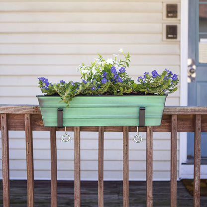 ACHLA Small Flower Box with Clamp-On Brackets | Green Patina Galvanized Steel and Black Wrought Iron | Porch & Balcony Container Garden | Model C08-RM