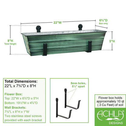 ACHLA Small Green Flower Box with Wall Brackets | Cape Cod White Galvanized Steel and Black Wrought Iron | Front Porch & Balcony | Model C08-WM