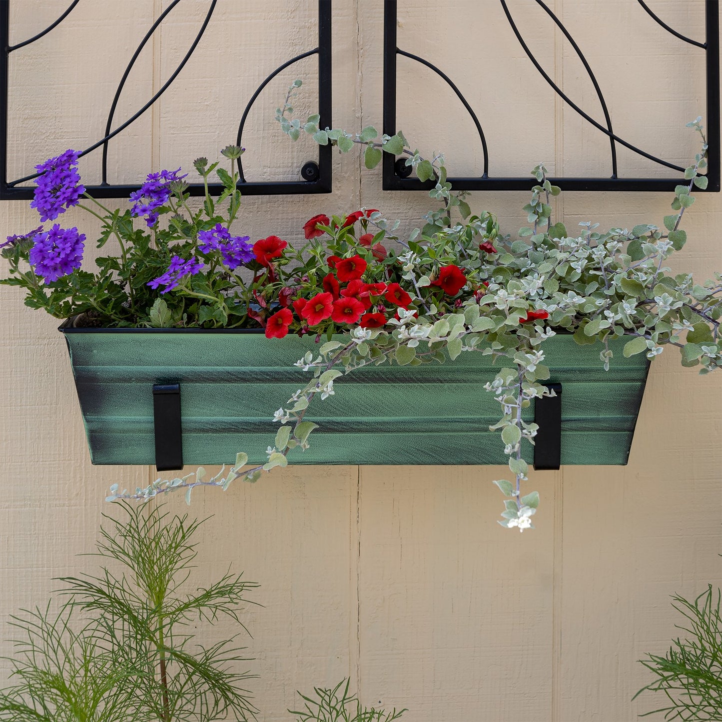 ACHLA Small Green Flower Box with Wall Brackets | Cape Cod White Galvanized Steel and Black Wrought Iron | Front Porch & Balcony | Model C08-WM