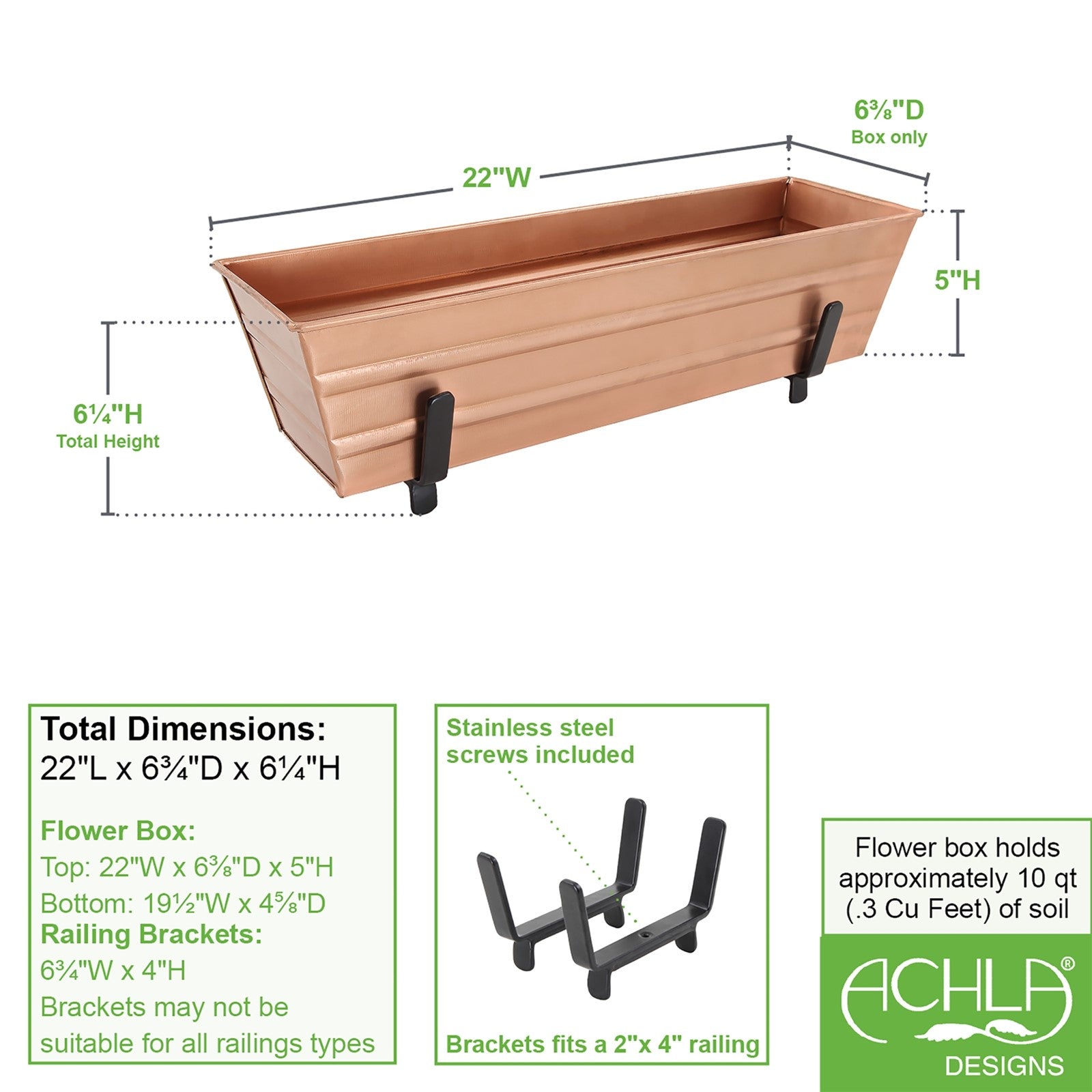 ACHLA Small Flower Box with Brackets for 2x4 Railings | Copper Plated Galvanized Steel and Black Wrought Iron | Deck & Balcony Railing | Model C08C-K4