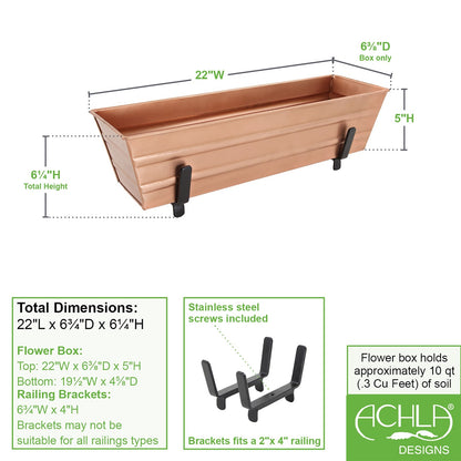ACHLA Small Flower Box with Brackets for 2x4 Railings | Copper Plated Galvanized Steel and Black Wrought Iron | Deck & Balcony Railing | Model C08C-K4