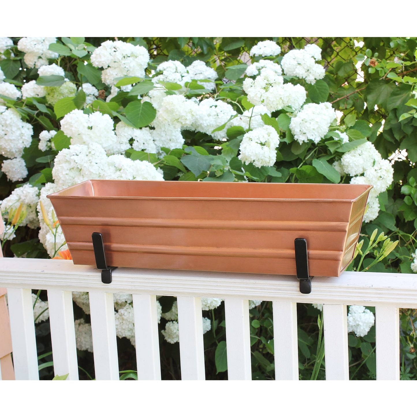 ACHLA Small Flower Box with Brackets for 2x4 Railings | Copper Plated Galvanized Steel and Black Wrought Iron | Deck & Balcony Railing | Model C08C-K4