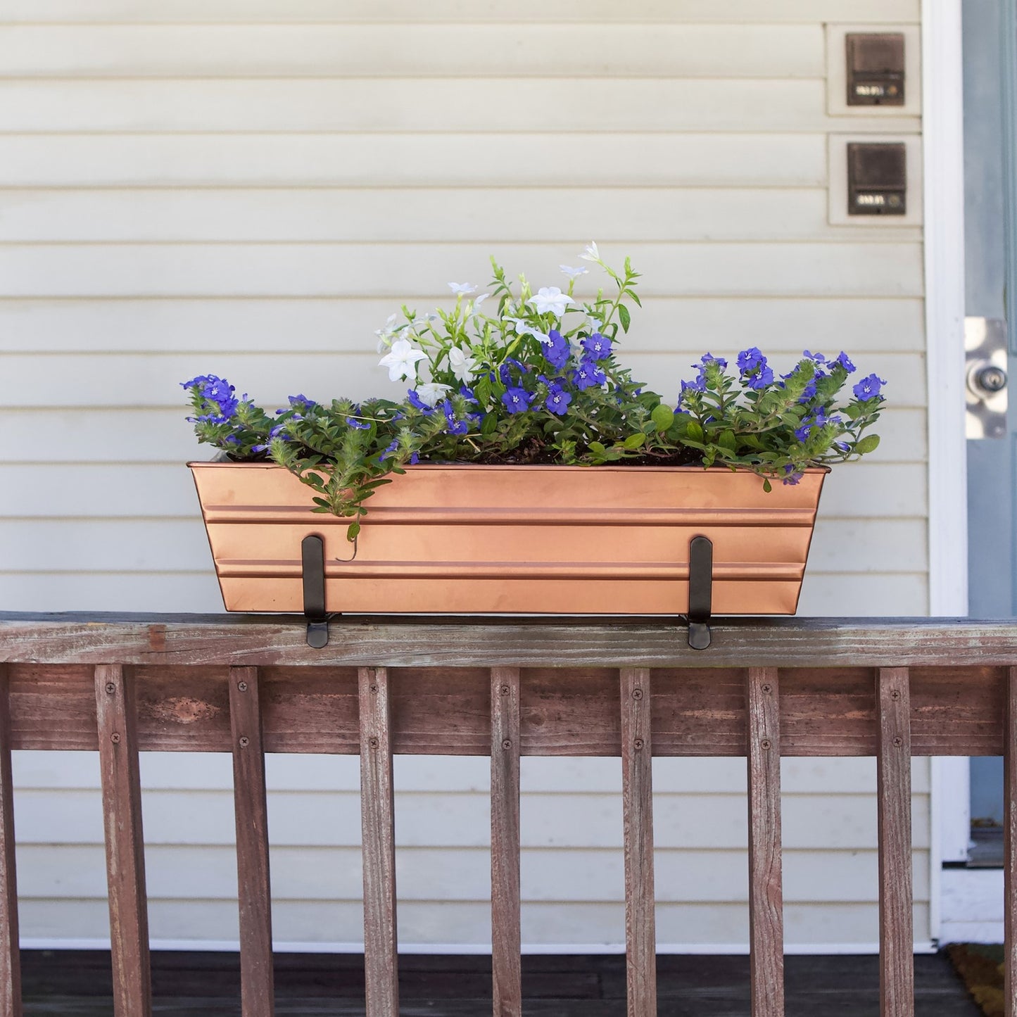 ACHLA Small Flower Box with Brackets for 2x4 Railings | Copper Plated Galvanized Steel and Black Wrought Iron | Deck & Balcony Railing | Model C08C-K4