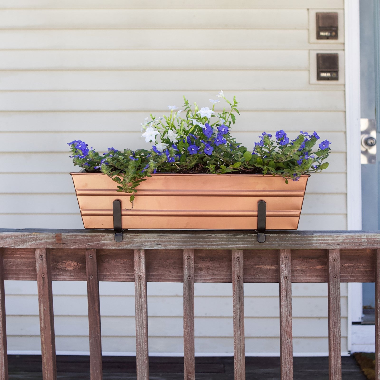 ACHLA Small Flower Box with Brackets for 2x4 Railings | Copper Plated Galvanized Steel and Black Wrought Iron | Deck & Balcony Railing | Model C08C-K4