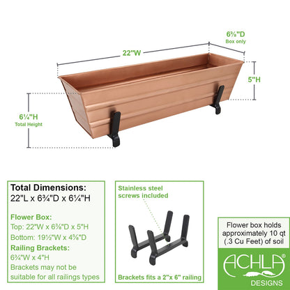ACHLA Small Flower Box with Brackets | Copper Plated Galvanized Steel and Black Wrought Iron | Deck & Balcony Railing Planter | Model C08C-K6