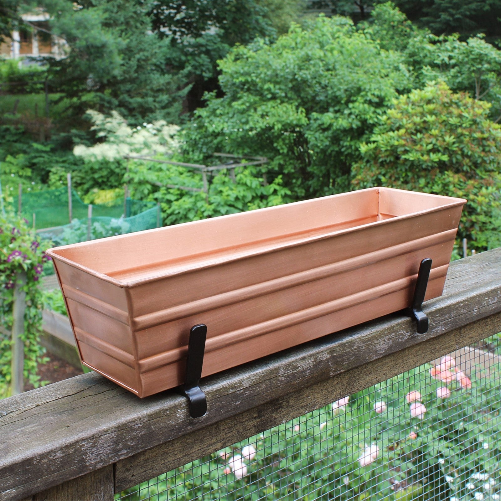 ACHLA Small Flower Box with Brackets | Copper Plated Galvanized Steel and Black Wrought Iron | Deck & Balcony Railing Planter | Model C08C-K6