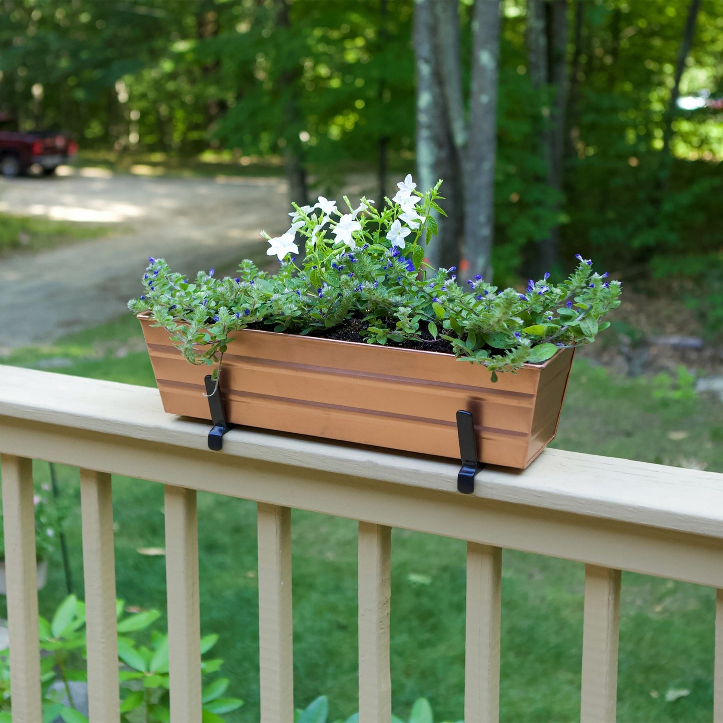 ACHLA Small Flower Box with Brackets | Copper Plated Galvanized Steel and Black Wrought Iron | Deck & Balcony Railing Planter | Model C08C-K6
