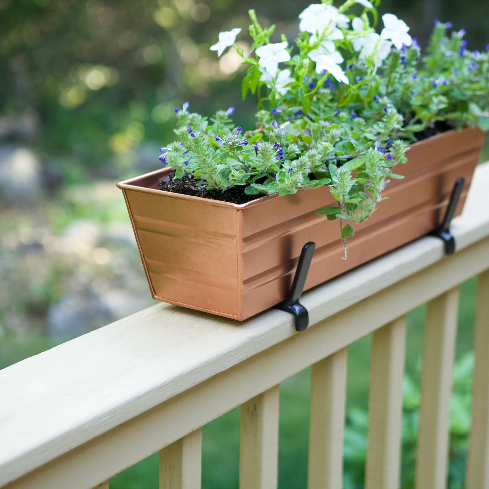 ACHLA Small Flower Box with Brackets | Copper Plated Galvanized Steel and Black Wrought Iron | Deck & Balcony Railing Planter | Model C08C-K6