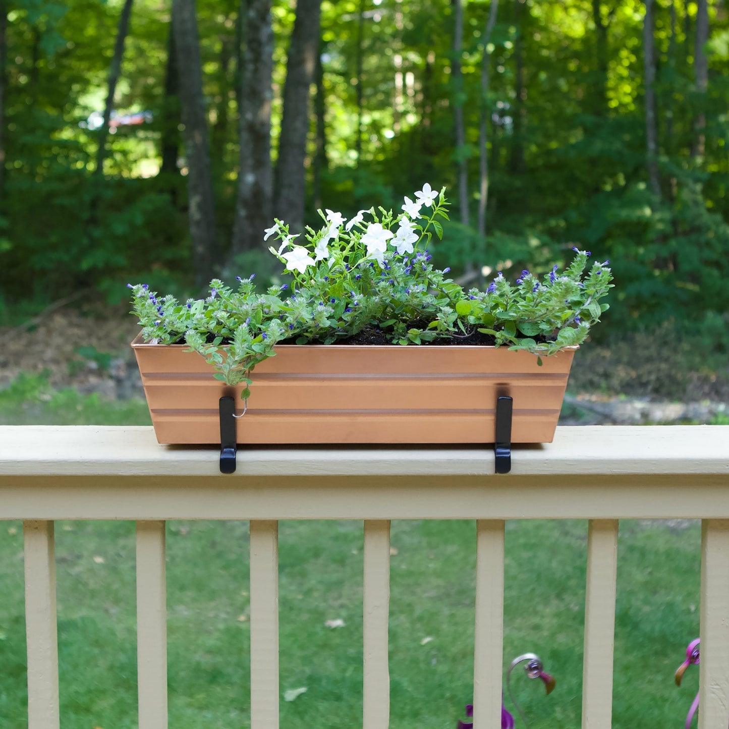 ACHLA Small Flower Box with Brackets | Copper Plated Galvanized Steel and Black Wrought Iron | Deck & Balcony Railing Planter | Model C08C-K6
