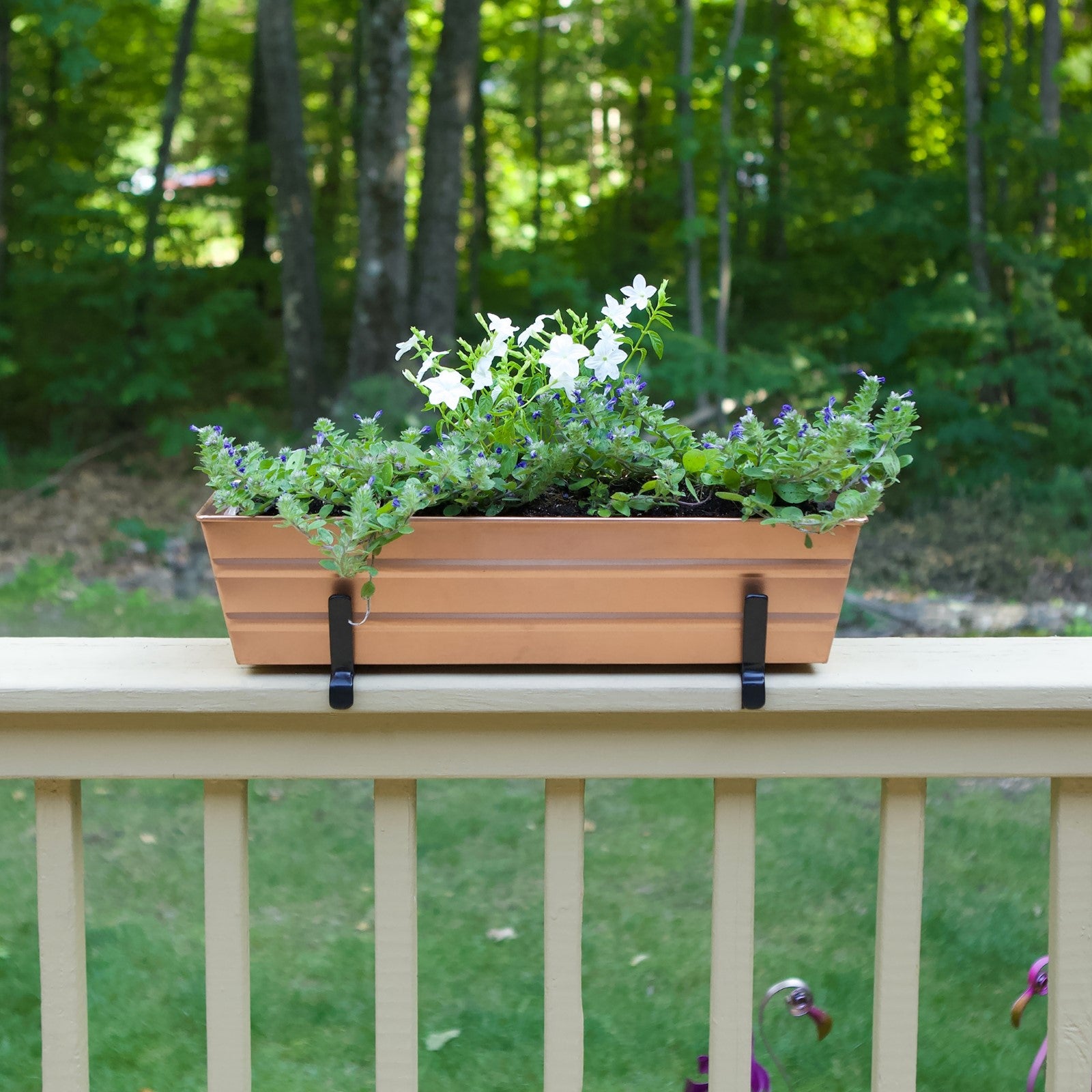 ACHLA Small Flower Box with Brackets | Copper Plated Galvanized Steel and Black Wrought Iron | Deck & Balcony Railing Planter | Model C08C-K6