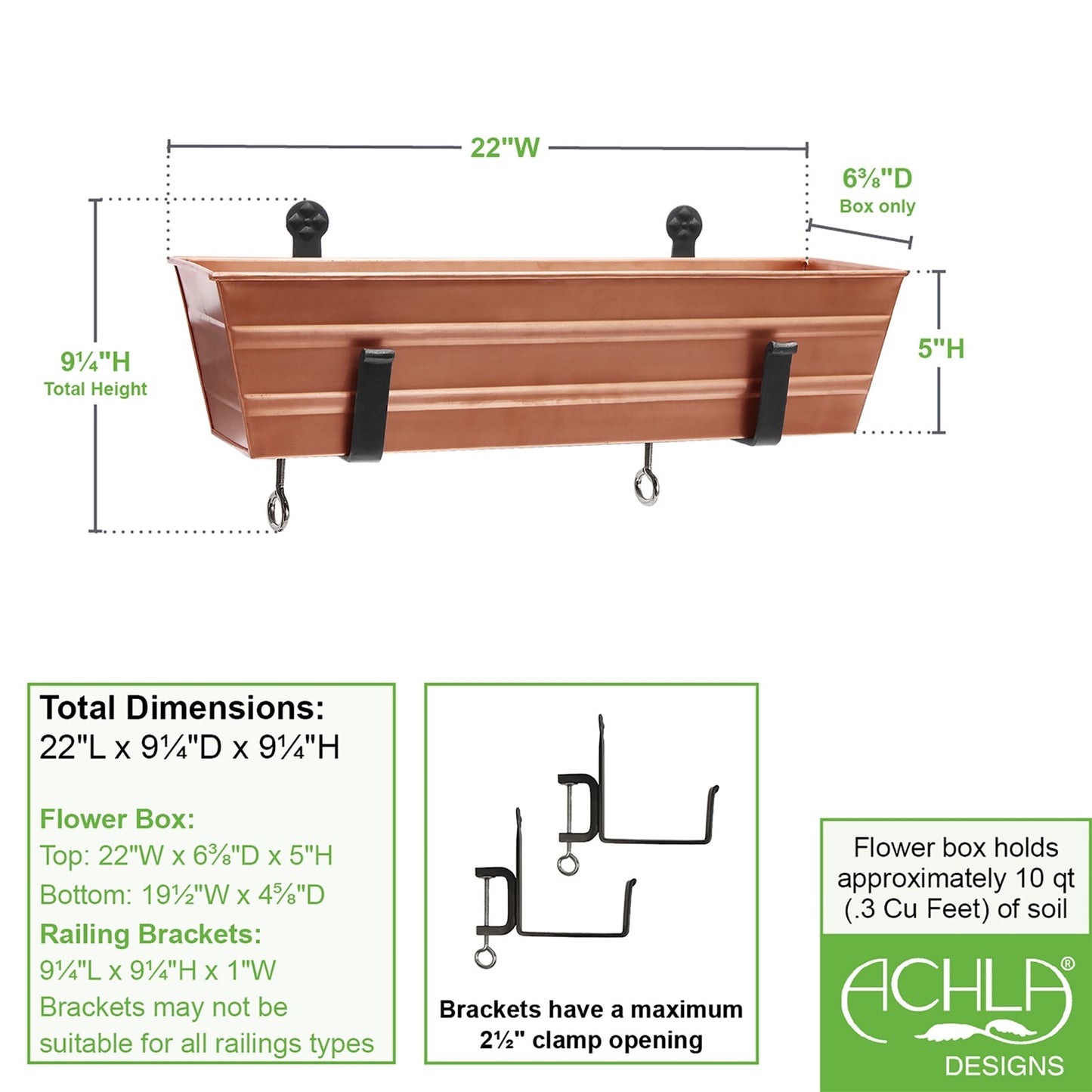 ACHLA Small Copper Flower Box with Clamp-On Brackets | Galvanized Steel and Wrought Iron | Front Porch & Balcony Planter | Model C08C-RM
