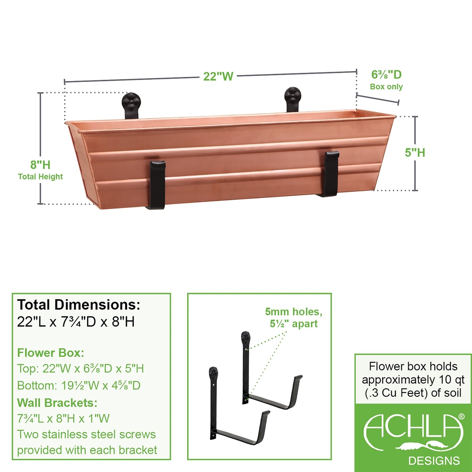 ACHLA Small Copper Flower Box with Wall Brackets | Rustic Copper Plated Galvanized Steel & Black Wrought Iron | Front Porch & Balcony | Model C08C-WM