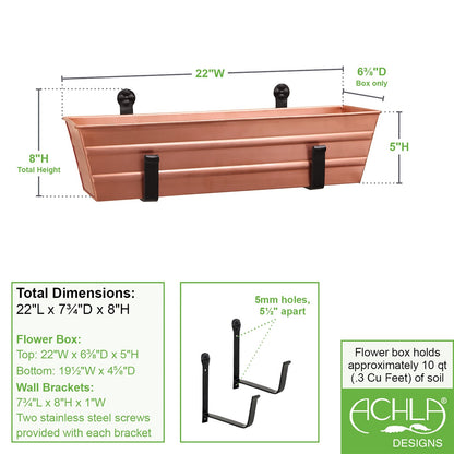 ACHLA Small Copper Flower Box with Wall Brackets | Rustic Copper Plated Galvanized Steel & Black Wrought Iron | Front Porch & Balcony | Model C08C-WM